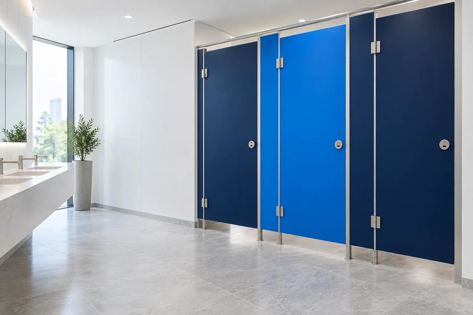 Architectural blue washroom cubicles from the official Cubiclepro brochure