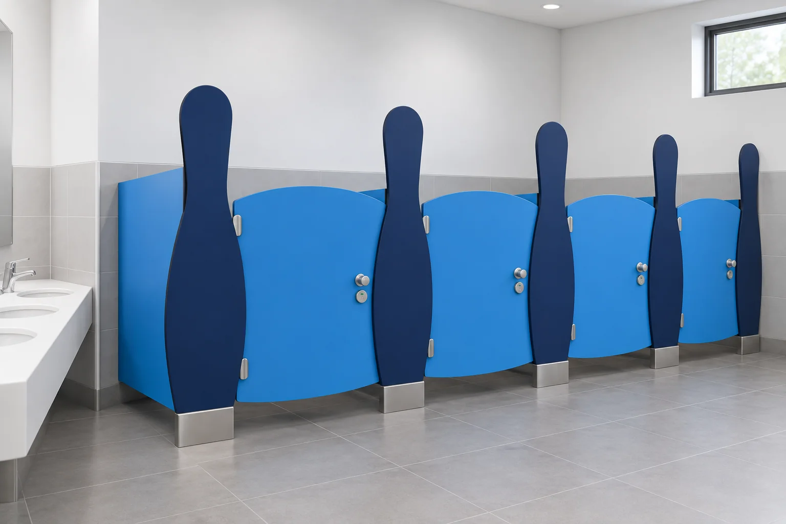 Junior Series concept visual: child-height privacy cubicles with shaped blue panels